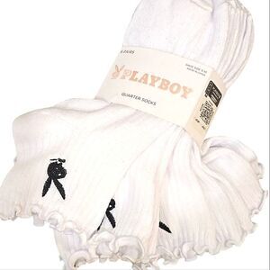 Playboy 6-PK Bunny Logo Ruffled Quarter Socks- White/Black